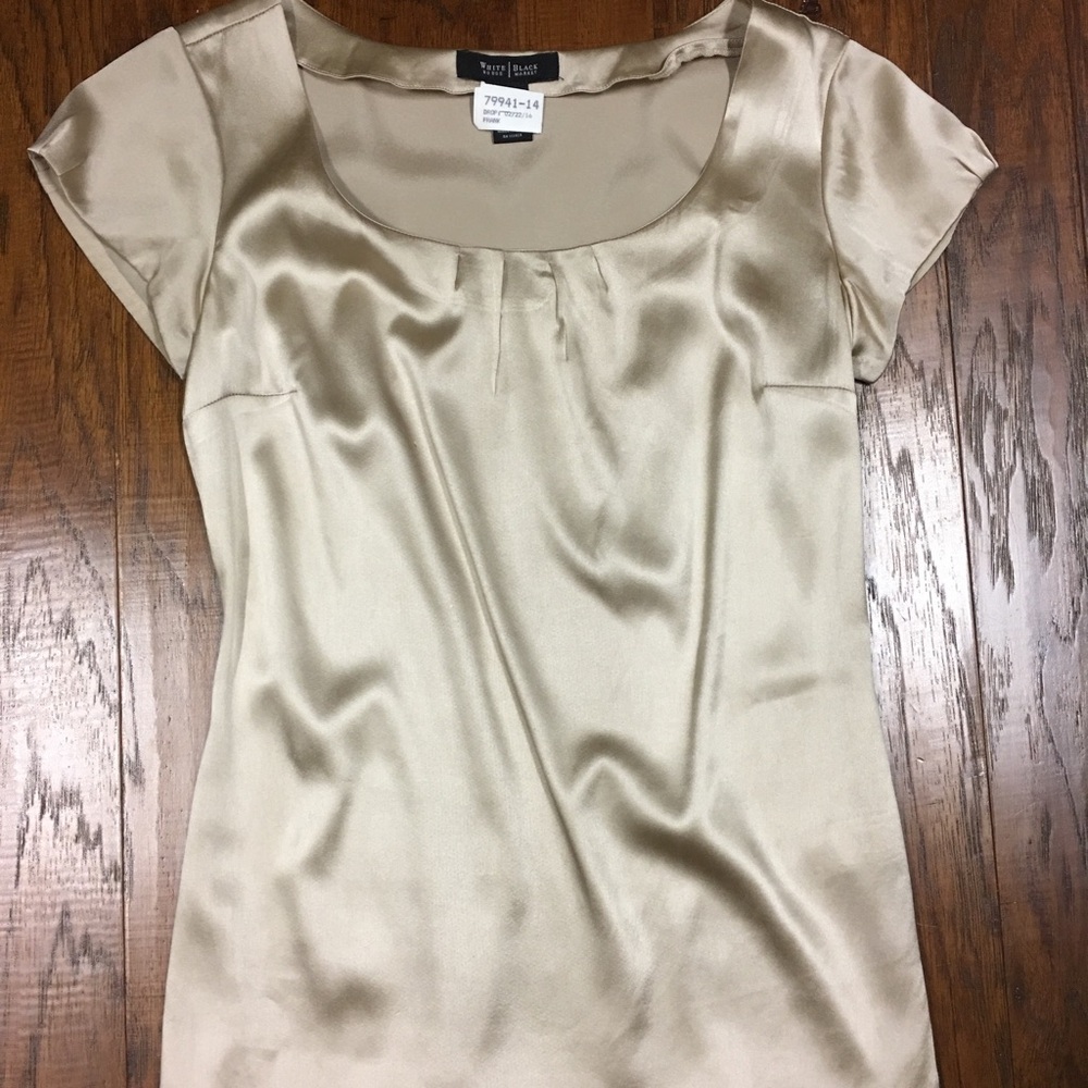 White House Black Market Champagne Satin Short Sleeve Blouse